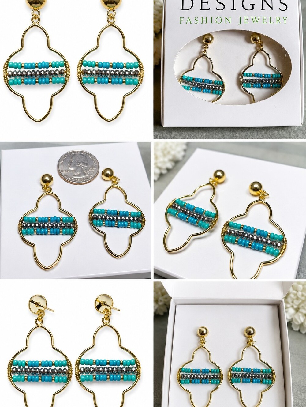 Vintage New Old Stock Gold Tone Beaded Quatrefoil Dangle Earrings Turquoise Hema - Picture 8 of 8